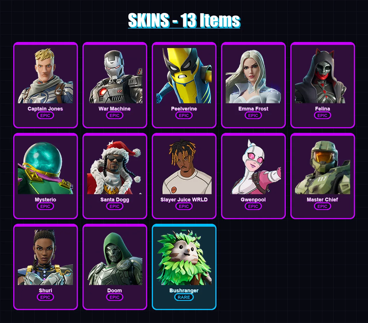 [PC/PSN] | Captain Jones | War Machine | Peelverine | Emma Frost | Felina | 13 skin | 37 pickaxe | 23 emote | 25 glider | Lv441 — Fortnite account