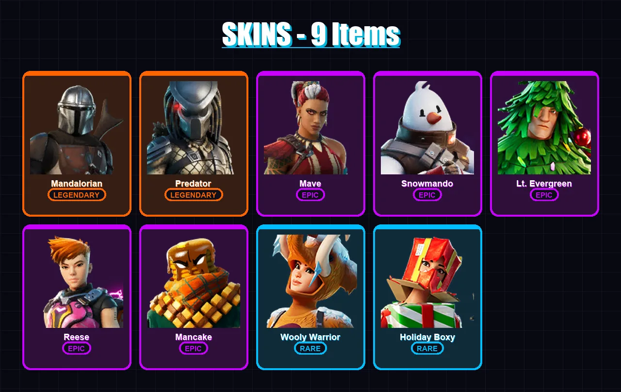 [PC/XBOX/PSN] | Mandalorian | Predator | Mave | Snowmando | Lt. Evergreen | 9 skin | 17 pickaxe | 19 emote | 27 glider | Lv587