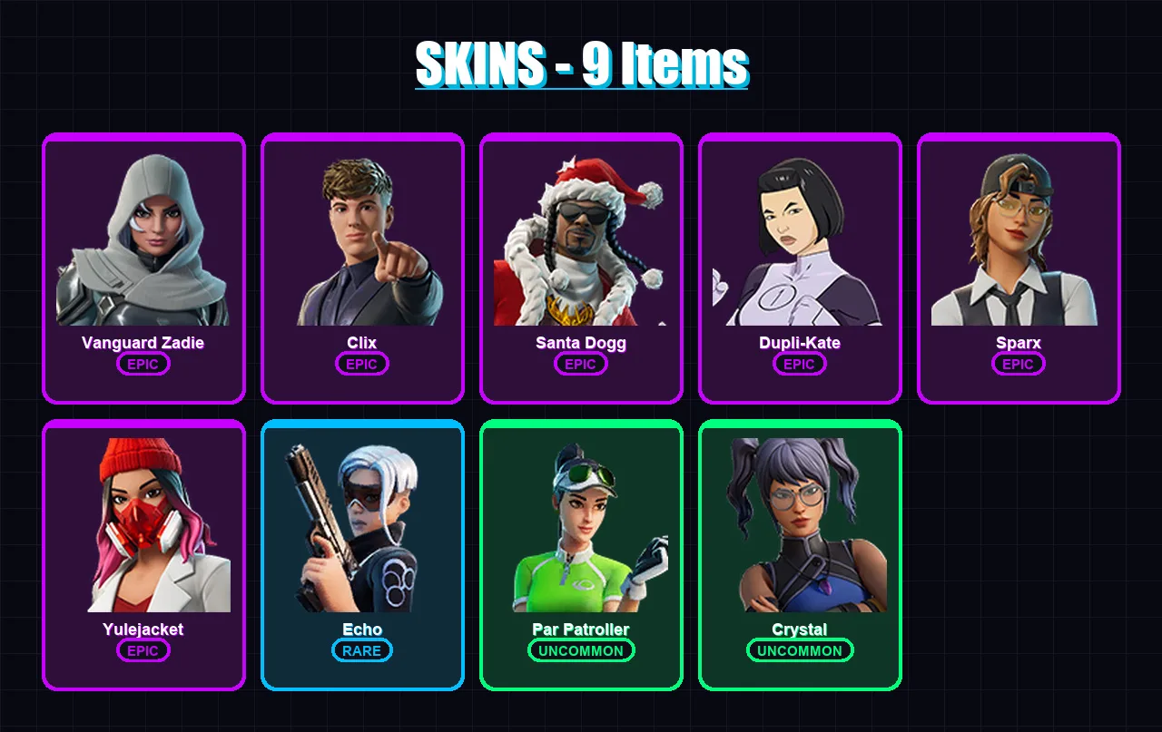 [PC/XBOX/PSN] | Vanguard Zadie | Clix | Santa Dogg | Dupli-Kate | Sparx | 9 skin | 30 pickaxe | 18 emote | 20 glider | Lv608