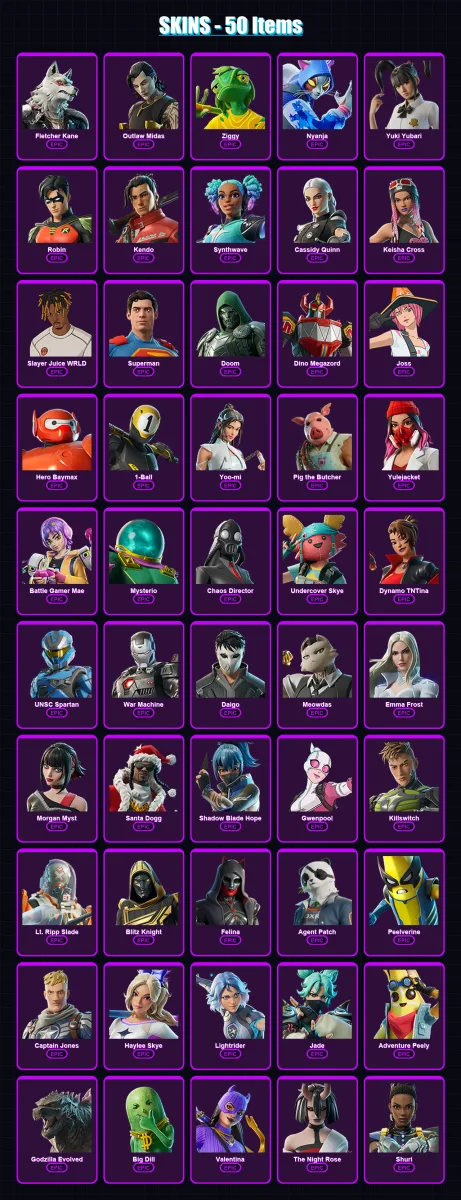 [PC/XBOX] | Fletcher Kane | Outlaw Midas | Ziggy | Nyanja | Yuki Yubari | 50 skin | 84 pickaxe | 54 emote | 59 glider | Lv639