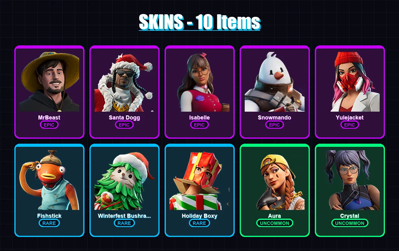 [PC/XBOX/PSN] | MrBeast | Santa Dogg | Isabelle | Snowmando | Yulejacket | 10 skin | 21 pickaxe | 15 emote | 24 glider | Lv326