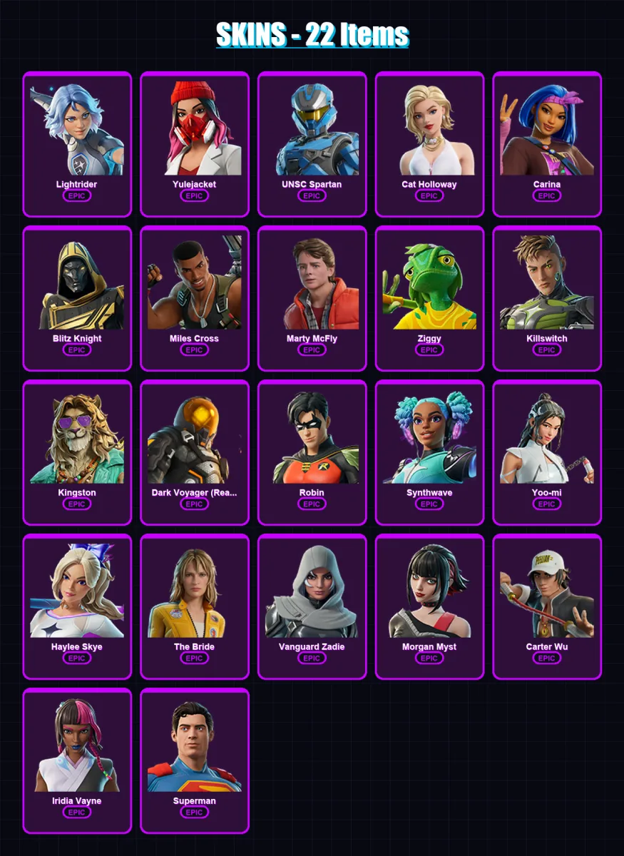 [PC/XBOX/PSN] | Lightrider | Yulejacket | UNSC Spartan | Cat Holloway | Carina | 22 skin | 71 pickaxe | 37 emote | 49 glider | Lv958