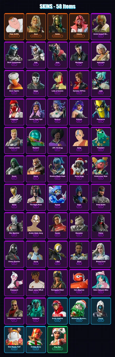 [PC/PSN] | Peter Griffin | Zeus | Hades | Valeria | Aerial Assault Bomber | 58 skin | 81 pickaxe | 59 emote | 55 glider | Lv778