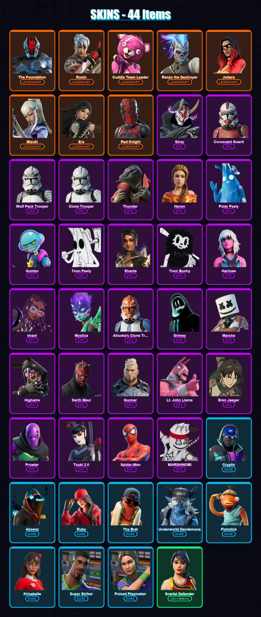 [PC/PSN] | The Foundation | Ronin | Cuddle Team Leader | Renzo the Destroyer | Joltara | 44 skin | 46 pickaxe | 51 emote | 37 glider | Lv600 — Fortnite account
