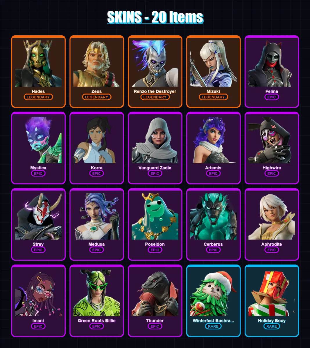 [PC/XBOX/PSN] | Hades | Zeus | Renzo the Destroyer | Mizuki | Felina | 20 skin | 50 pickaxe | 23 emote | 35 glider | Lv528