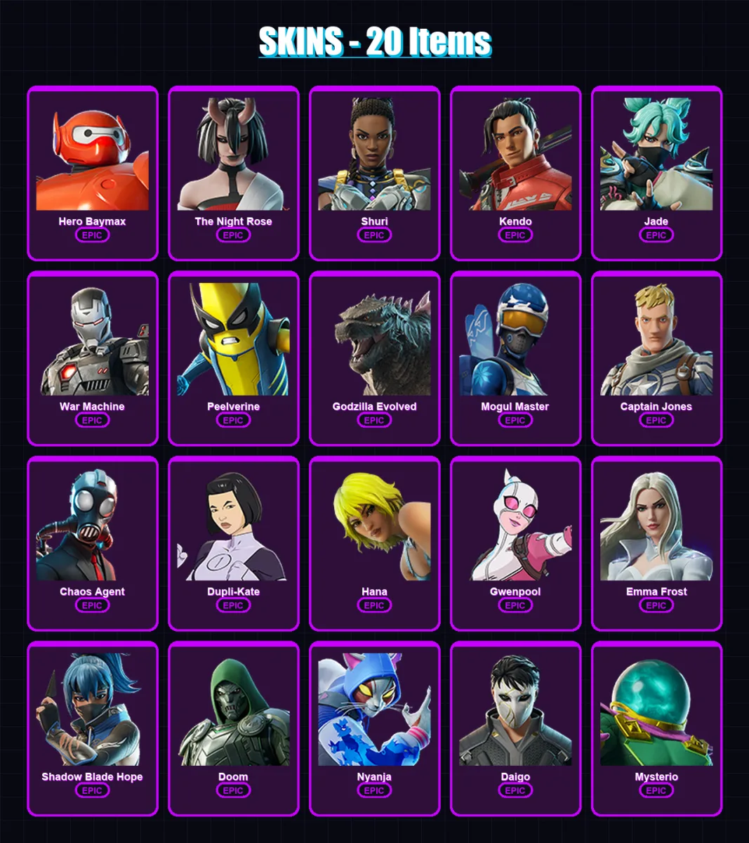 [PS4/PS5/XBOX/PC] | Hero Baymax | The Night Rose | Shuri | Kendo | Jade | 20 skin | 30 pickaxe | 26 emote | 24 glider | Lv335