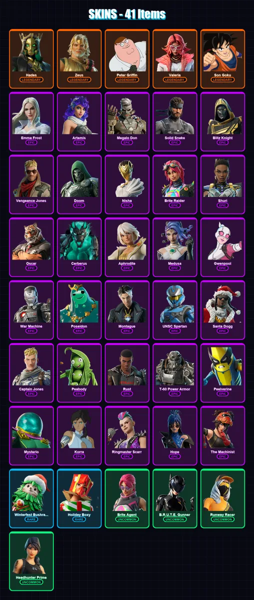 [PC/XBOX/PSN] | Hades | Zeus | Peter Griffin | Valeria | Son Goku | 41 skin | 76 pickaxe | 48 emote | 52 glider | Lv1113