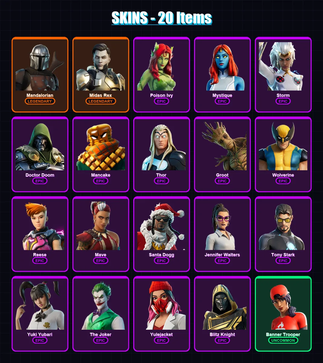 [PC/XBOX/PSN] | Mandalorian | Midas Rex | Poison Ivy | Mystique | Storm | 20 skin | 56 pickaxe | 21 emote | 35 glider | Lv475