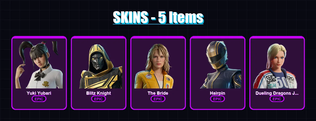 [PC/XBOX] | Yuki Yubari | Blitz Knight | The Bride | Hairpin | Dueling Dragons Jackie | 5 skin | 27 pickaxe | 10 emote | 17 glider | Lv204