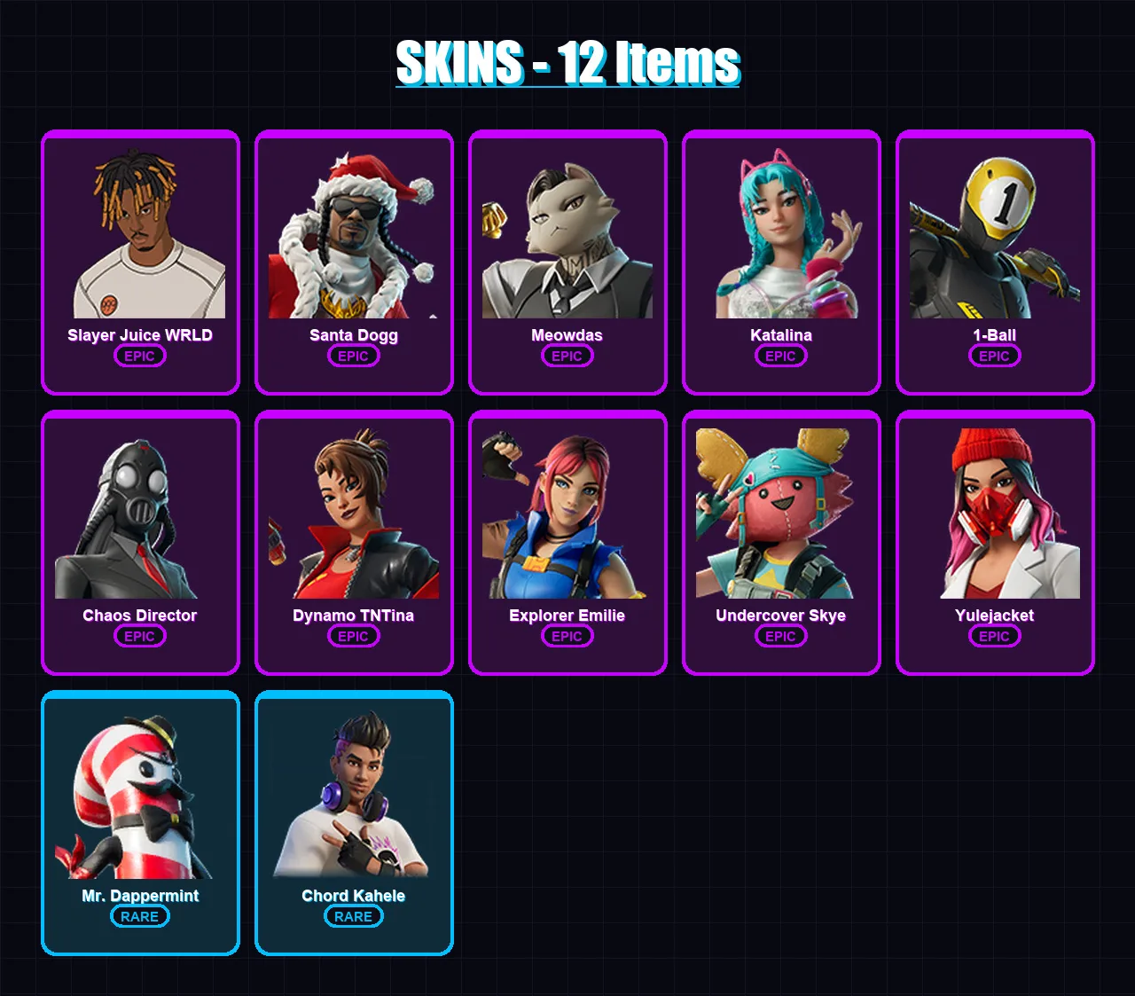 [PC/XBOX/PSN] | Slayer Juice WRLD | Santa Dogg | Meowdas | Katalina | 1-Ball | 12 skin | 28 pickaxe | 15 emote | 19 glider | Lv214 — Fortnite account
