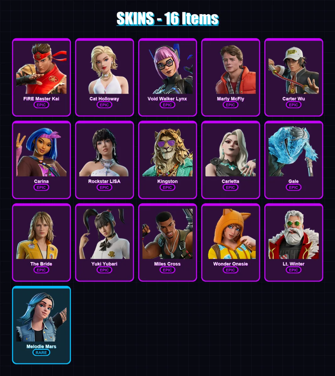 [PS4/PS5/PC] | FIRE Master Kai | Cat Holloway | Void Walker Lynx | Marty McFly | Carter Wu | 16 skin | 36 pickaxe | 19 emote | 19 glider | Lv152