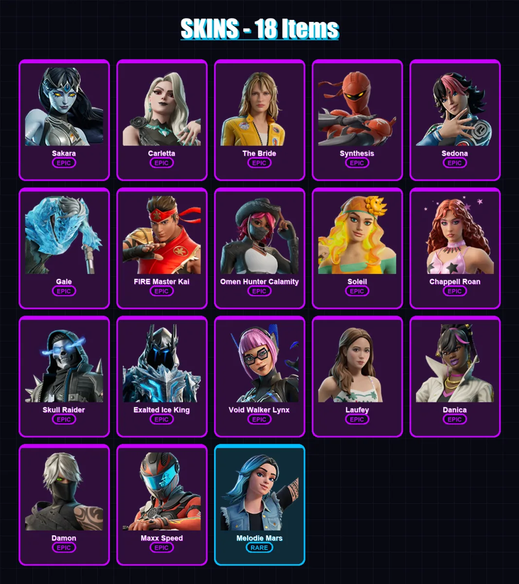 [PC/XBOX/PSN] | Sakara | Carletta | The Bride | Synthesis | Sedona | 18 skin | 8 pickaxe | 2 emote | 1 glider | Lv5 — Fortnite account