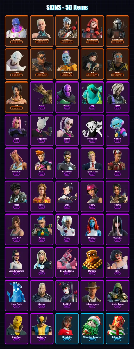 [PC/XBOX/PSN] | Kymera | Paradigm (Reality-659) | Ronin | The Imagined | Mandalorian | 50 skin | 57 pickaxe | 31 emote | 56 glider | Lv631