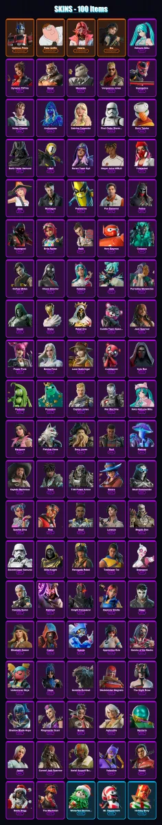 [SWITCH/XBOX/PC] | Optimus Prime | Peter Griffin | Valeria | Era | Hatsune Miku | 100 skin | 133 pickaxe | 89 emote | 87 glider | Lv1217