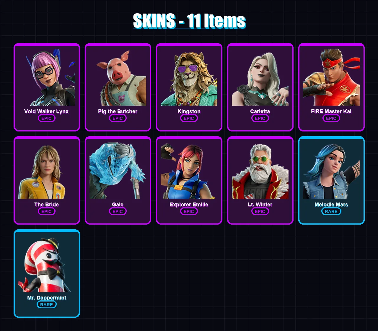 [PC/XBOX/PSN] | Void Walker Lynx | Pig the Butcher | Kingston | Carletta | FIRE Master Kai | 11 skin | 12 pickaxe | 10 emote | 6 glider | Lv47
