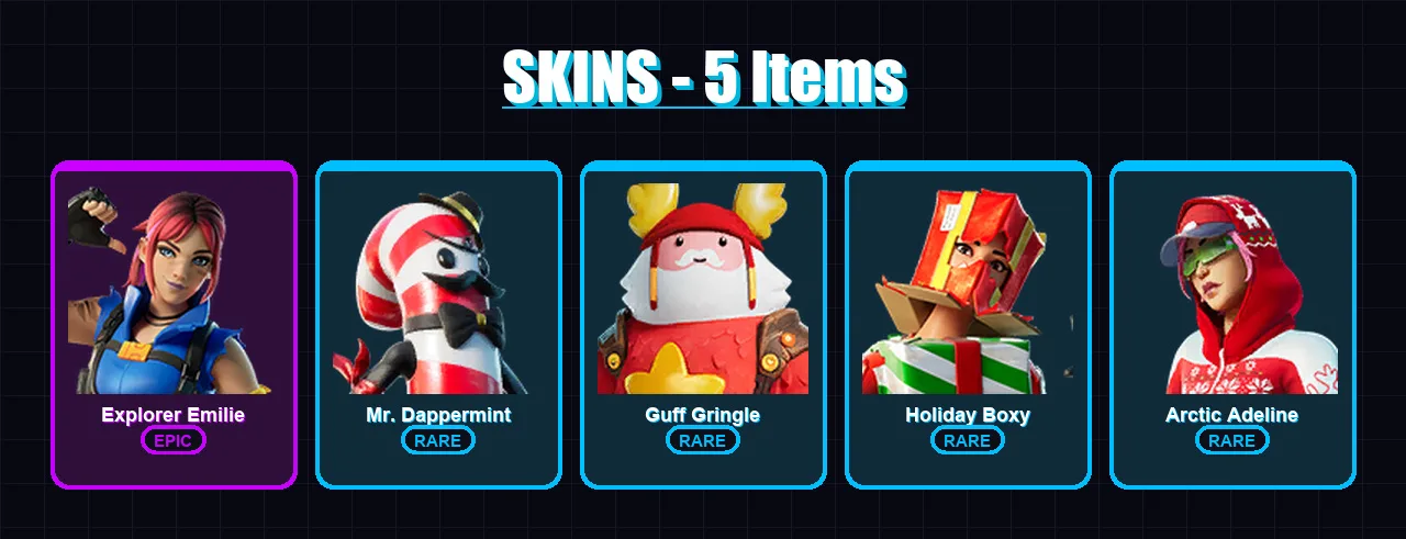 [PC/XBOX/PSN] | Explorer Emilie | Mr. Dappermint | Guff Gringle | Holiday Boxy | Arctic Adeline | 5 skin | 7 pickaxe | 2 emote | 13 glider | Lv66