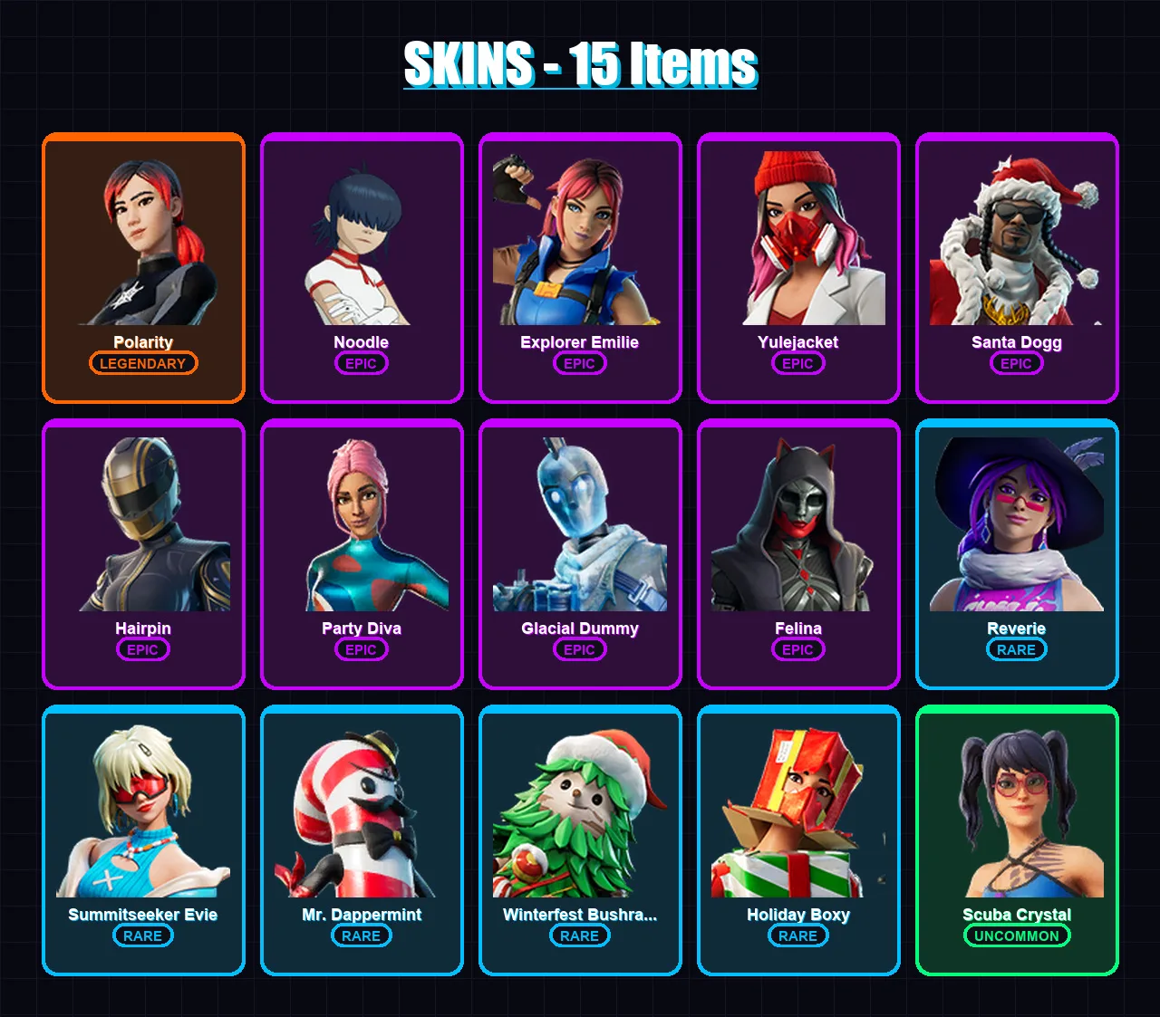 [PC/XBOX/PSN] | Polarity | Noodle | Explorer Emilie | Yulejacket | Santa Dogg | 15 skin | 67 pickaxe | 20 emote | 38 glider | Lv735