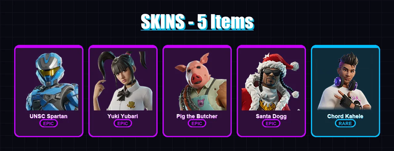 [PS4/PS5/XBOX/PC] | UNSC Spartan | Yuki Yubari | Pig the Butcher | Santa Dogg | Chord Kahele | 5 skin | 43 pickaxe | 14 emote | 30 glider | Lv504