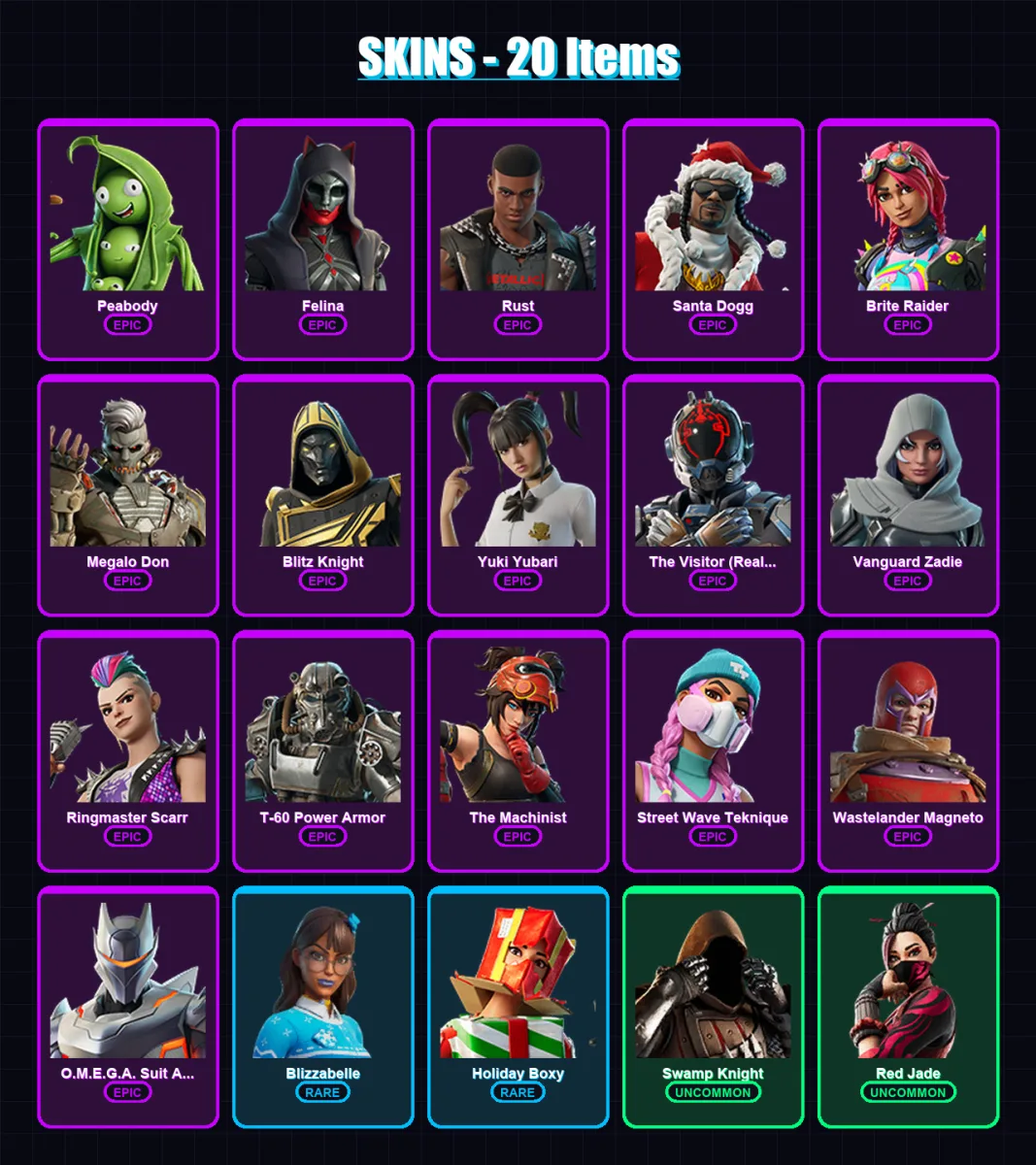 [PC/XBOX/PSN] | Peabody | Felina | Rust | Santa Dogg | Brite Raider | 20 skin | 97 pickaxe | 50 emote | 76 glider | Lv1132