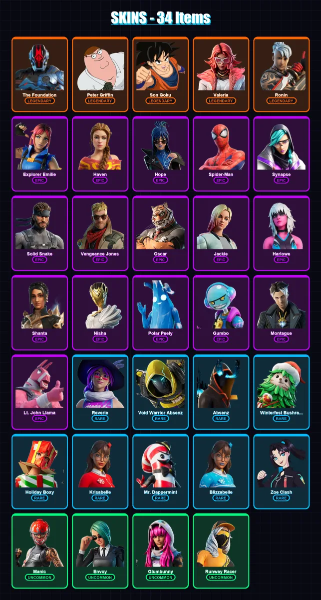 [PC/XBOX/PSN] | The Foundation | Peter Griffin | Son Goku | Valeria | Ronin | 34 skin | 31 pickaxe | 18 emote | 23 glider | Lv366