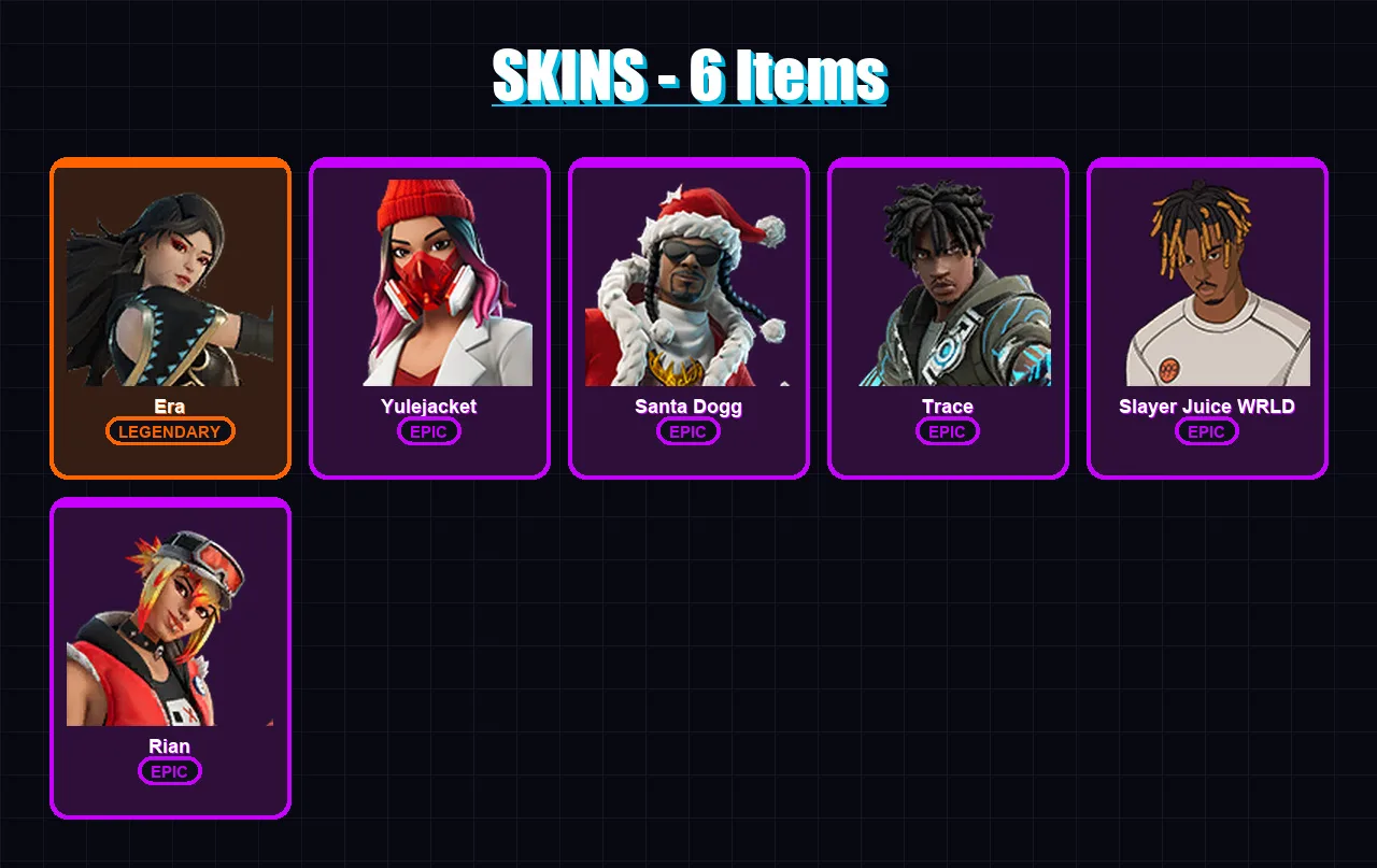 [PC/XBOX/PSN] | Era | Yulejacket | Santa Dogg | Trace | Slayer Juice WRLD | 6 skin | 12 pickaxe | 5 emote | 8 glider | Lv68