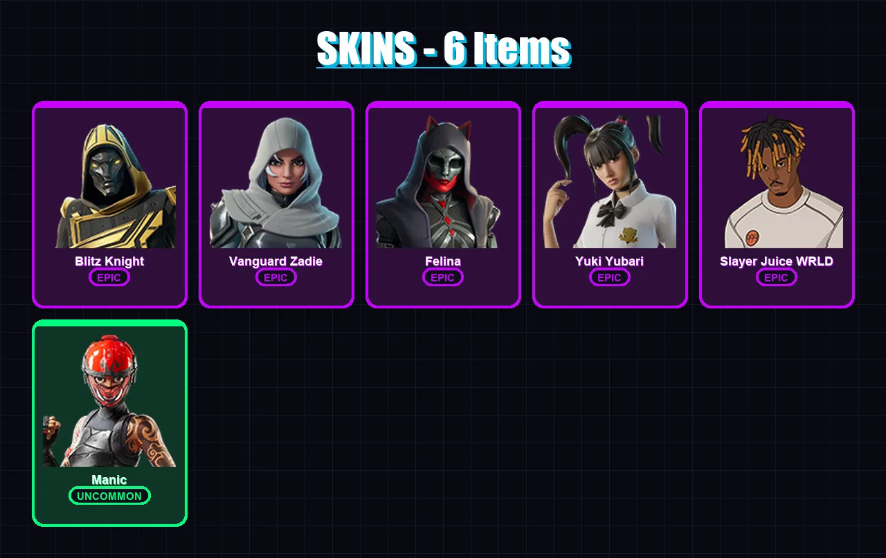 [PC/XBOX/PSN] | Blitz Knight | Vanguard Zadie | Felina | Yuki Yubari | Slayer Juice WRLD | 6 skin | 67 pickaxe | 28 emote | 37 glider | Lv811
