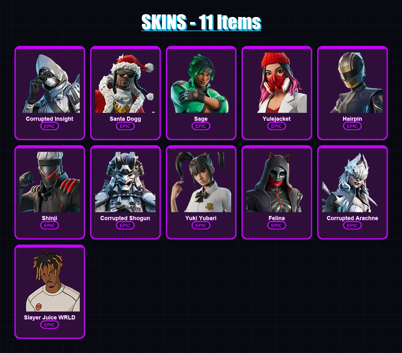 [PS4/PS5/XBOX/PC] | Corrupted Insight | Santa Dogg | Sage | Yulejacket | Hairpin | 11 skin | 47 pickaxe | 18 emote | 25 glider | Lv370