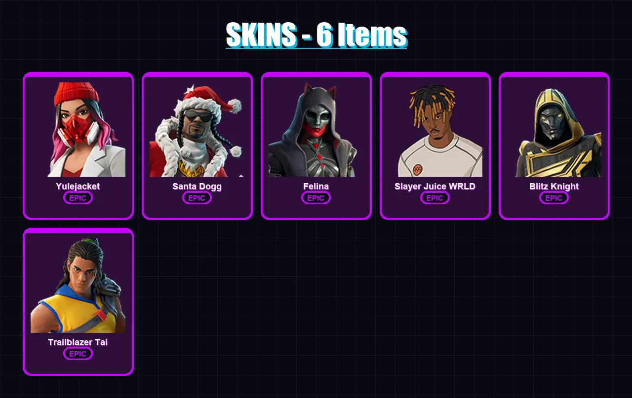 [PS4/PS5/PC] | Yulejacket | Santa Dogg | Felina | Slayer Juice WRLD | Blitz Knight | 6 skin | 42 pickaxe | 18 emote | 27 glider | Lv792