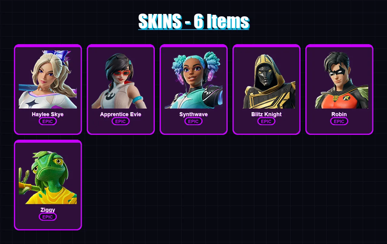 [PC/XBOX/PSN] | Haylee Skye | Apprentice Evie | Synthwave | Blitz Knight | Robin | 6 skin | 20 pickaxe | 11 emote | 12 glider | Lv79