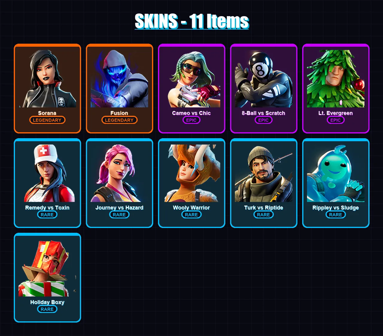 [PC/XBOX/PSN] | Sorana | Fusion | Cameo vs Chic | 8-Ball vs Scratch | Lt. Evergreen | 11 skin | 12 pickaxe | 12 emote | 12 glider | Lv234 — Fortnite account