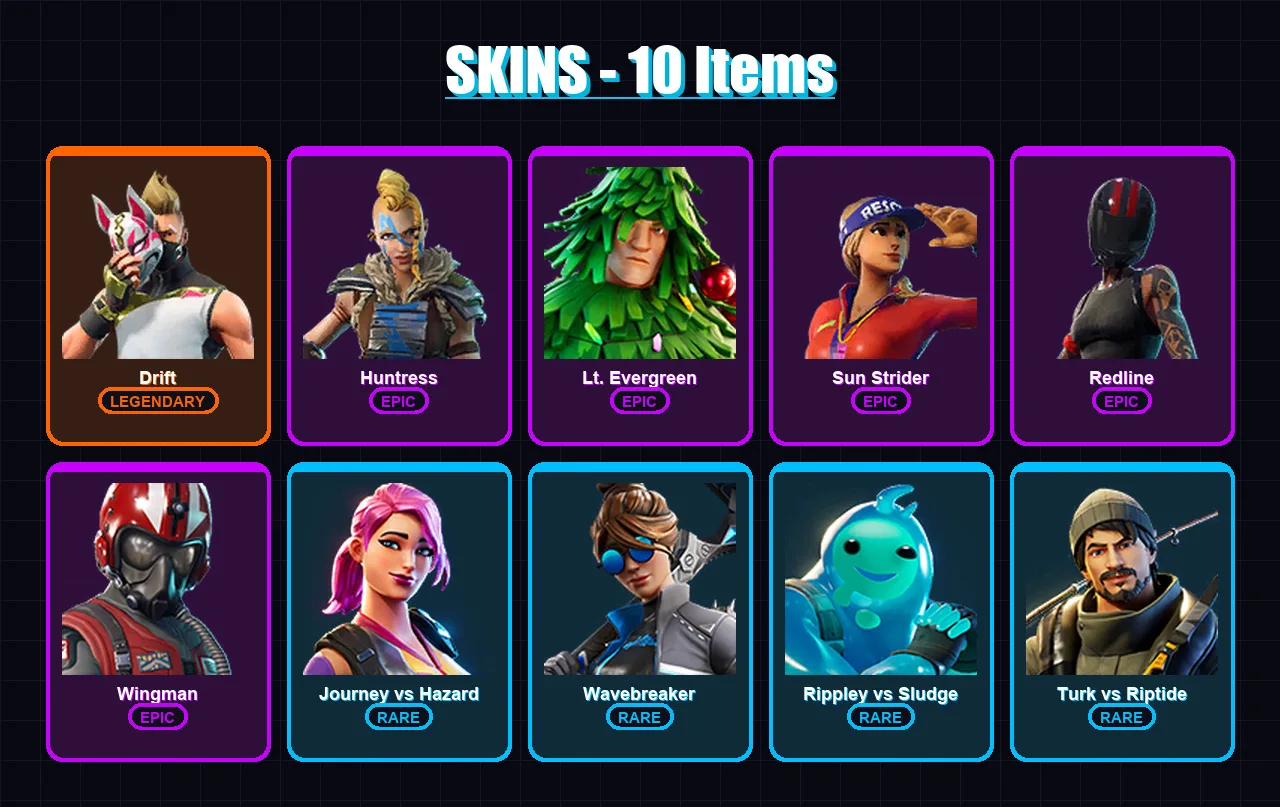 [PC/XBOX/PSN] | Drift | Huntress | Lt. Evergreen | Sun Strider | Redline | 10 skin | 11 pickaxe | 21 emote | 16 glider | Lv219