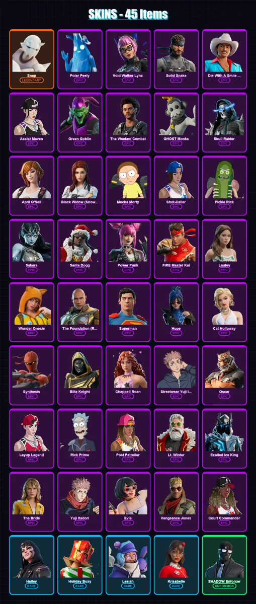 [PC/PSN] | Snap | Polar Peely | Void Walker Lynx | Solid Snake | Die With A Smile Bruno | 45 skin | 65 pickaxe | 40 emote | 36 glider | Lv363 — Fortnite account