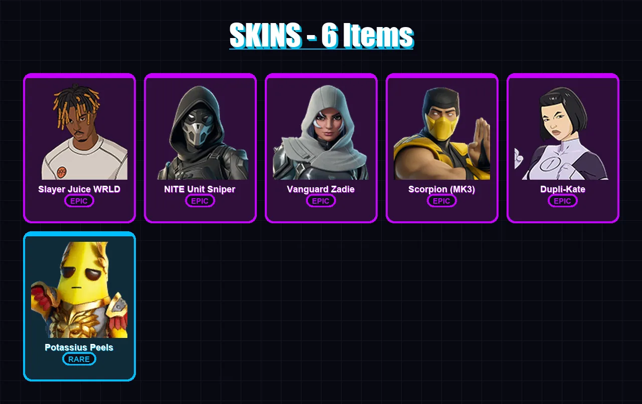 [SWITCH/XBOX/PSN/PC] | Slayer Juice WRLD | NITE Unit Sniper | Vanguard Zadie | 6 skin | Lv604
