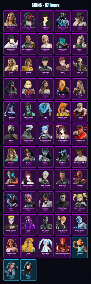 [PC/PSN] | Mariah Carey | Omen Hunter Calamity | Sung Jinwoo | Exalted Ice King | Danica | 57 skin | 55 pickaxe | 60 emote | 25 glider | Lv181 — Fortnite account