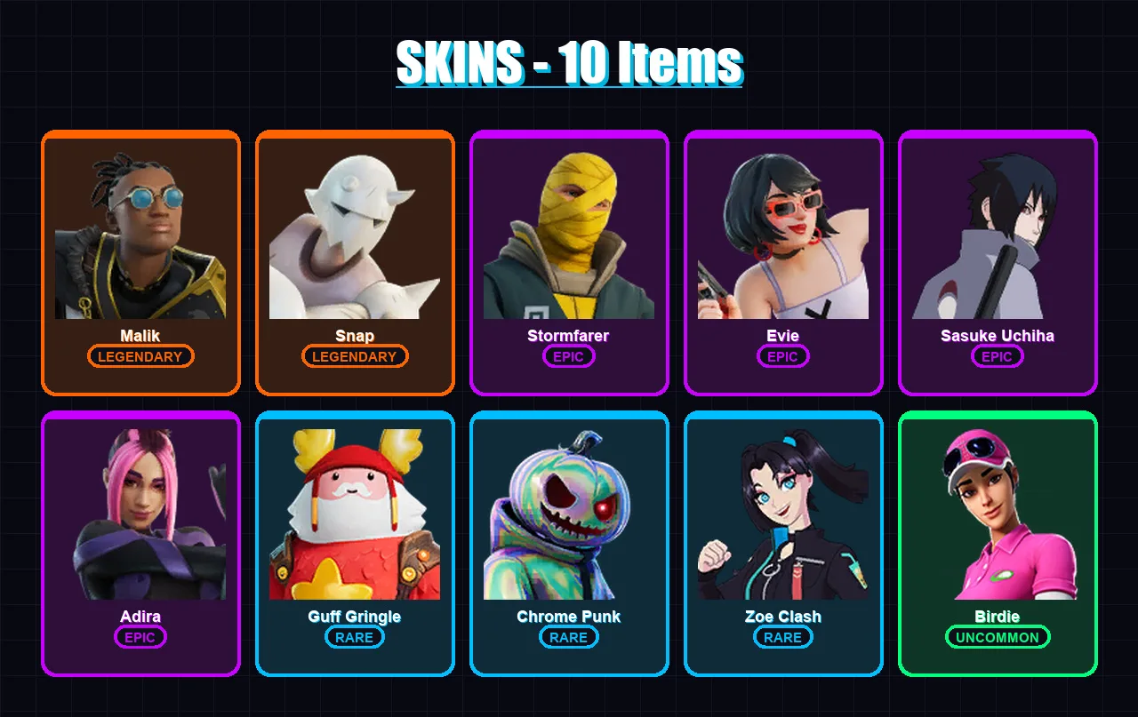 [PC/PSN] | Malik | Snap | Stormfarer | Evie | Sasuke Uchiha | 10 skin | 24 pickaxe | 14 emote | 21 glider | Lv350