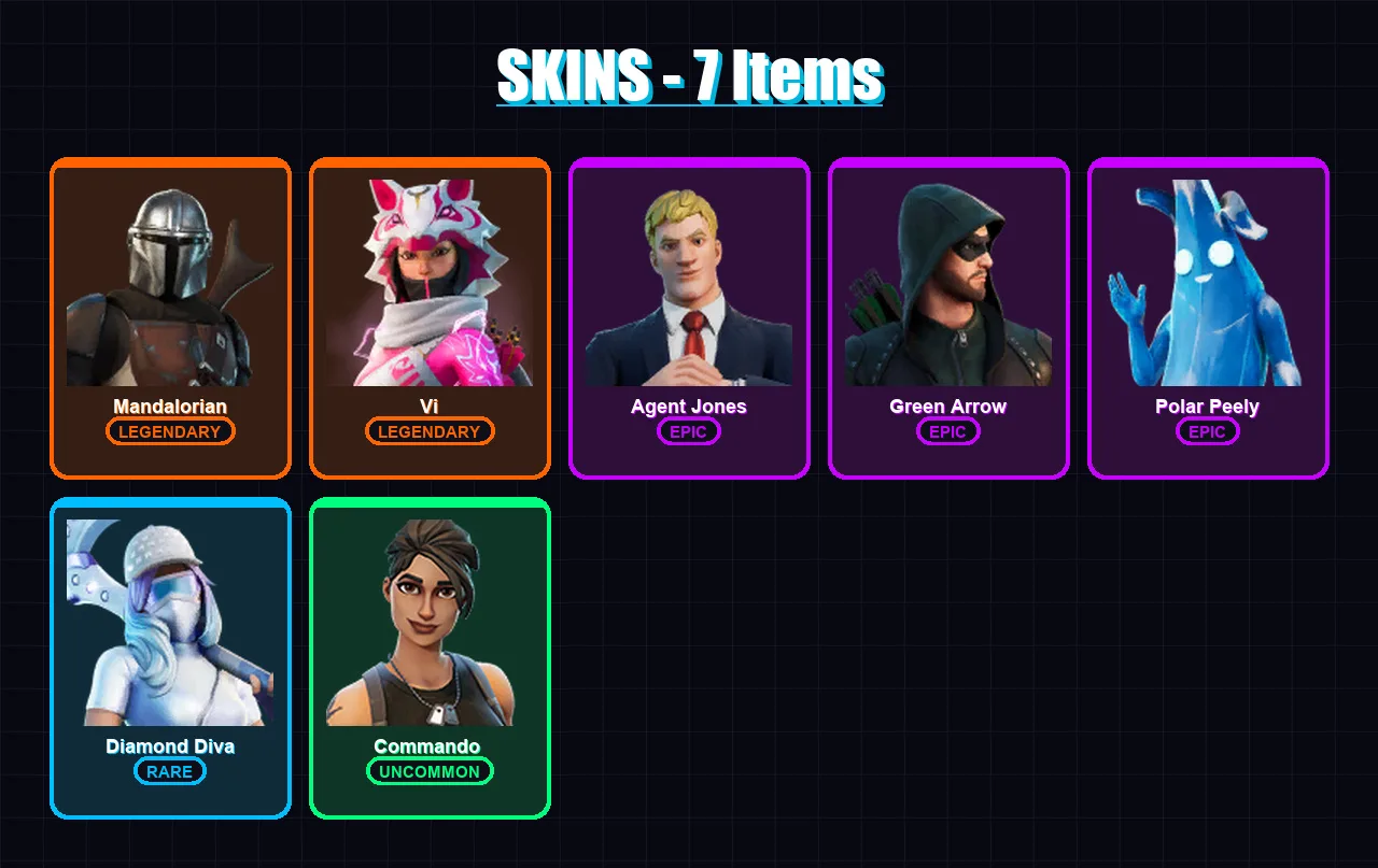 [SWITCH/XBOX/PSN/PC] | Mandalorian | Vi | Agent Jones | Green Arrow | Polar Peely | 7 skin | 10 pickaxe | 8 emote | 3 glider | Lv44