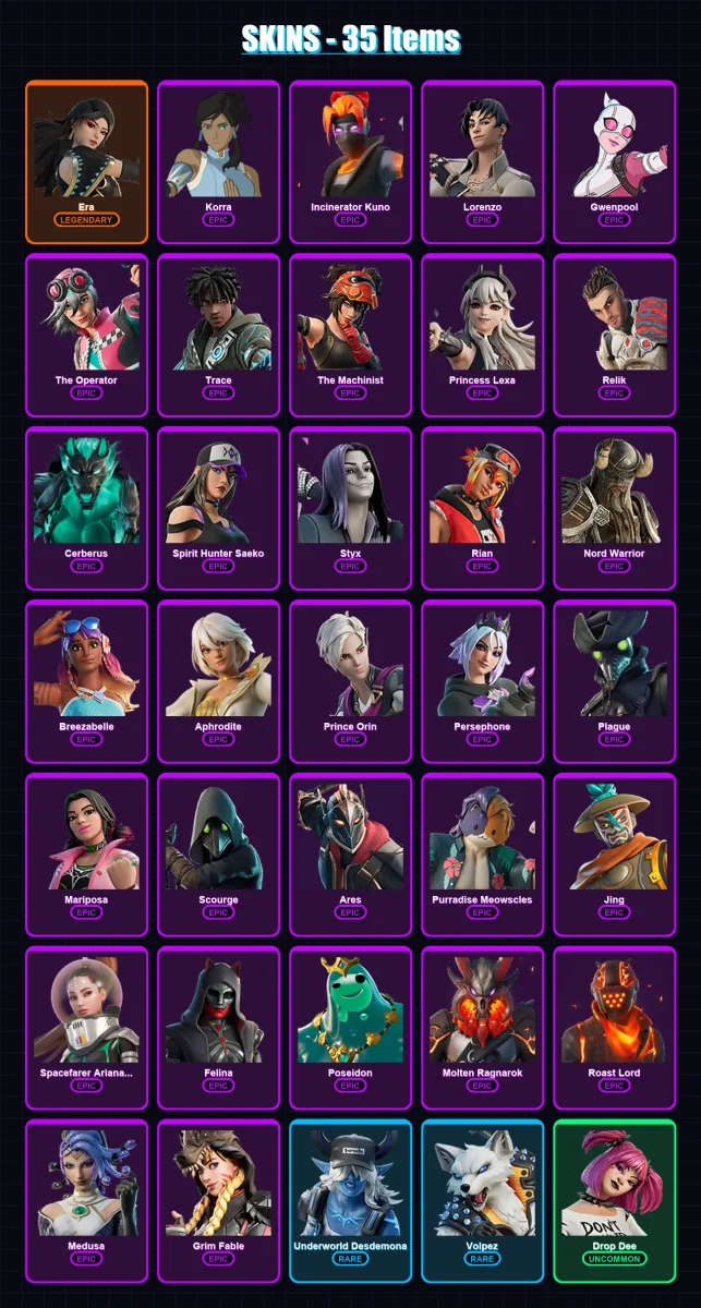[PC/XBOX/PSN] | Era | Korra | Incinerator Kuno | Lorenzo | Gwenpool | 35 skin | 43 pickaxe | 18 emote | 30 glider | Lv293