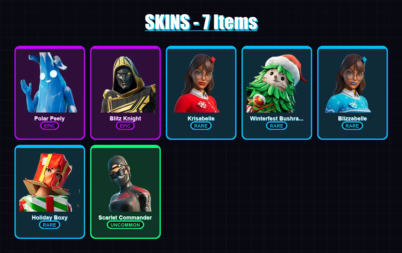 [PC/XBOX/PSN] | Polar Peely | Blitz Knight | Krisabelle | Winterfest Bushranger | Blizzabelle | 7 skin | 21 pickaxe | 16 emote | 24 glider | Lv330