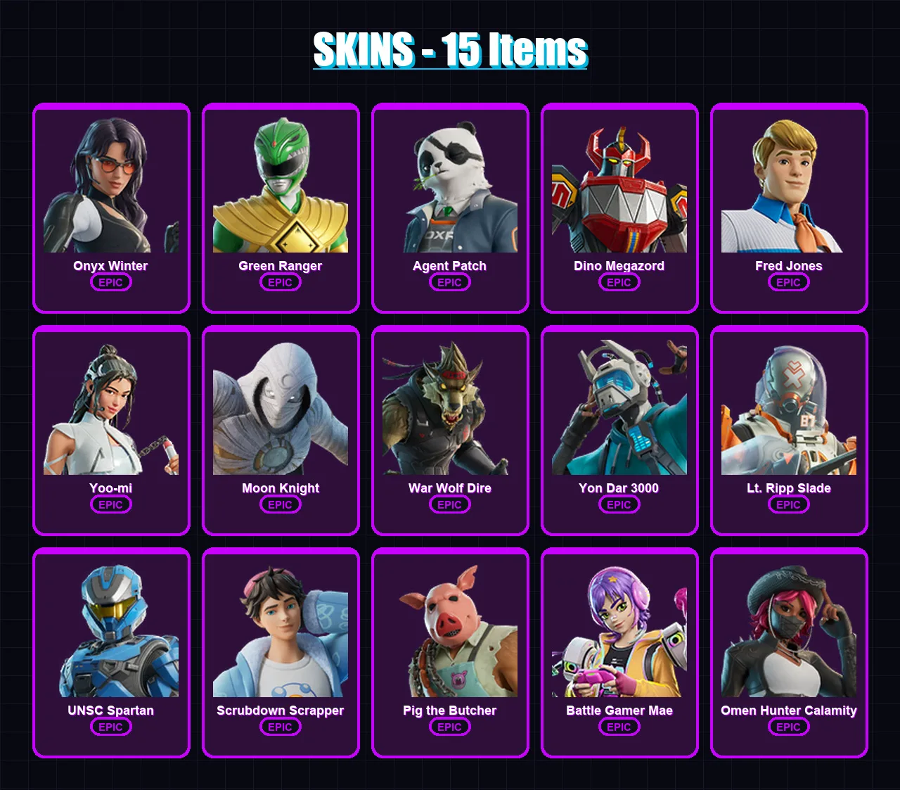 [PC/XBOX/PSN] | Onyx Winter | Green Ranger | Agent Patch | Dino Megazord | Fred Jones | 15 skin | 25 pickaxe | 24 emote | 16 glider | Lv197