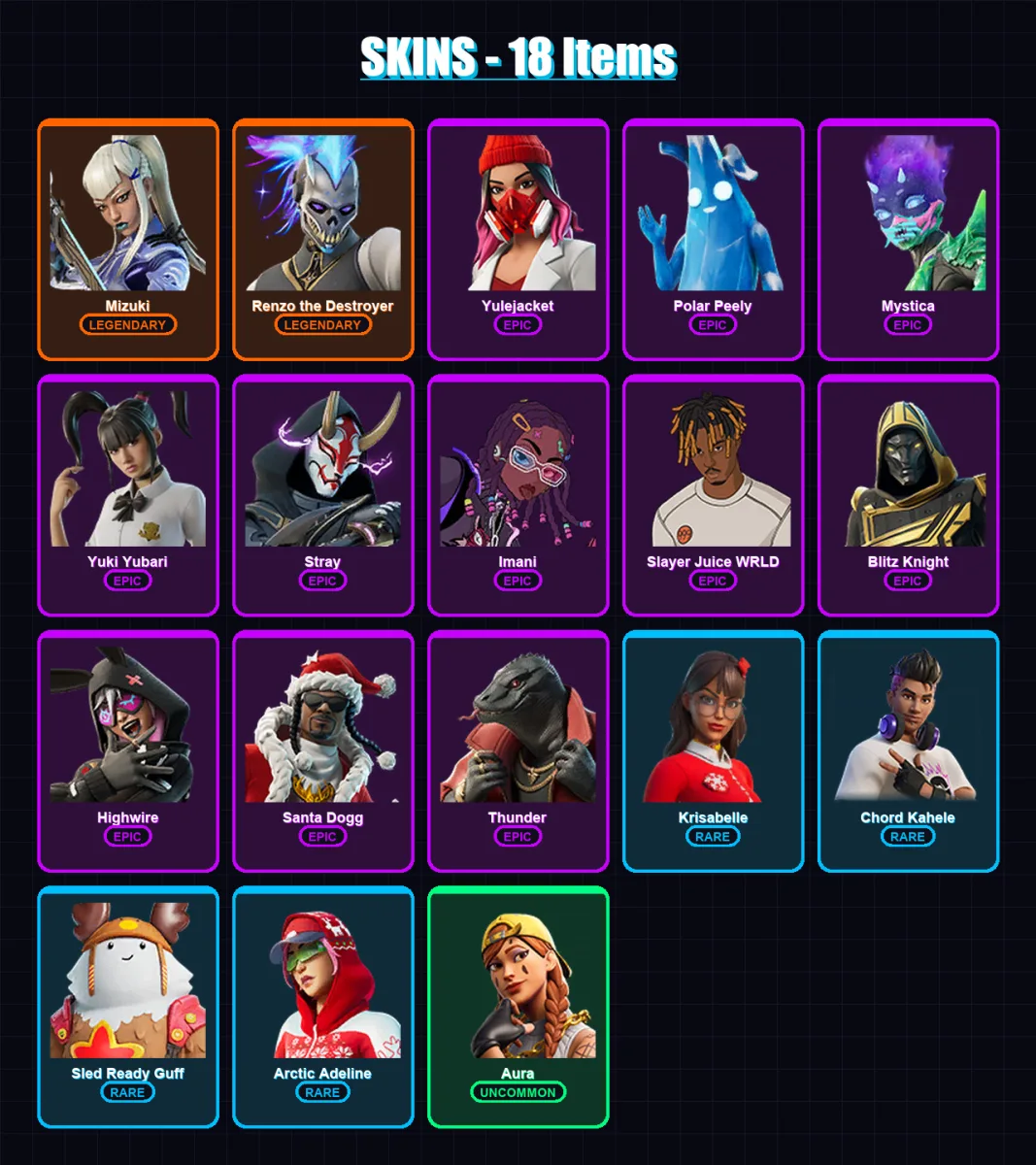 [PC/XBOX] | Mizuki | Renzo the Destroyer | Yulejacket | Polar Peely | Mystica | 18 skin | 75 pickaxe | 38 emote | 56 glider | Lv1097