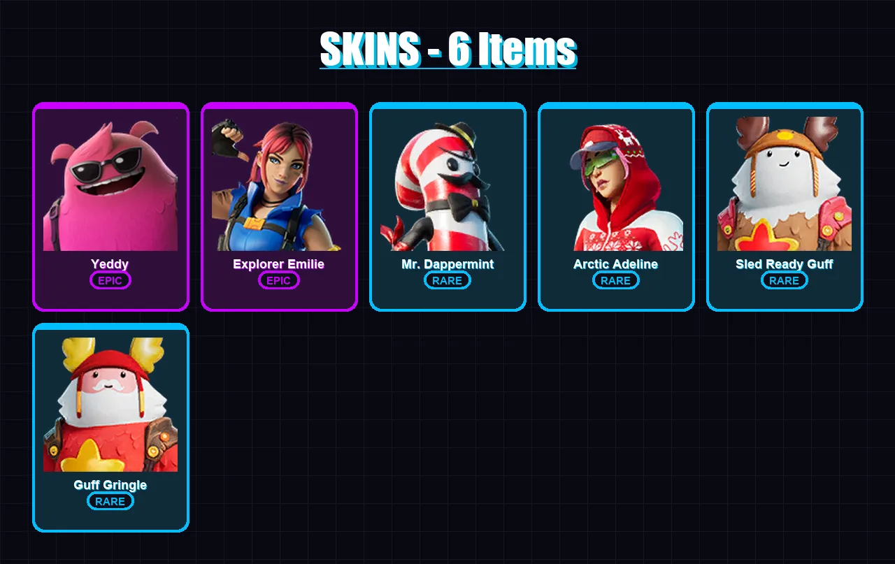[PC/PSN] | Yeddy | Explorer Emilie | Mr. Dappermint | Arctic Adeline | Sled Ready Guff | 6 skin | 19 pickaxe | 5 emote | 15 glider | Lv120