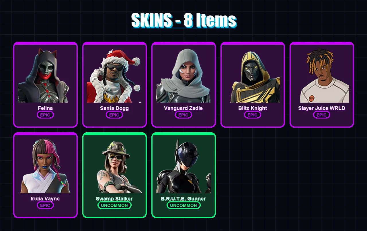 [PS4/PS5/XBOX/PC] | Felina | Santa Dogg | Vanguard Zadie | Blitz Knight | Slayer Juice WRLD | 8 skin | 49 pickaxe | 17 emote | 27 glider | Lv1010