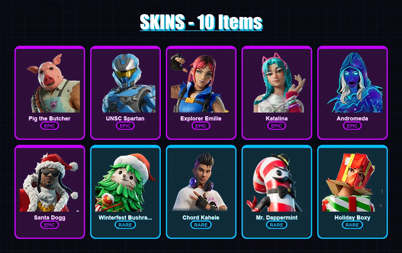 [PC/XBOX/PSN] | Pig the Butcher | UNSC Spartan | Explorer Emilie | Katalina | Andromeda | 10 skin | 28 pickaxe | 10 emote | 19 glider | Lv192