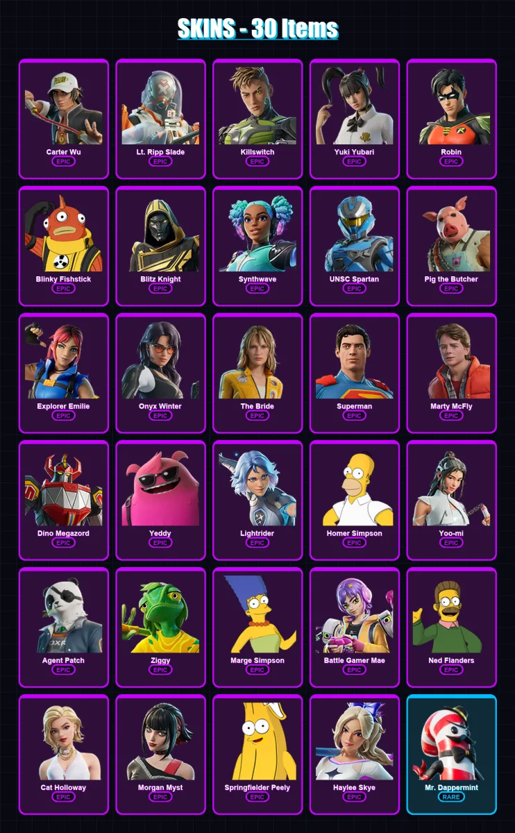 [PC/PSN] | Carter Wu | Lt. Ripp Slade | Killswitch | Yuki Yubari | Robin | 30 skin | 58 pickaxe | 36 emote | 37 glider | Lv369