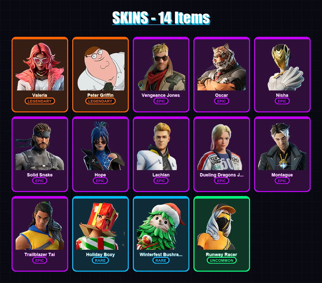 [PS4/PS5/PC] | Valeria | Peter Griffin | Vengeance Jones | Oscar | Nisha | 14 skin | 23 pickaxe | 22 emote | 20 glider | Lv286