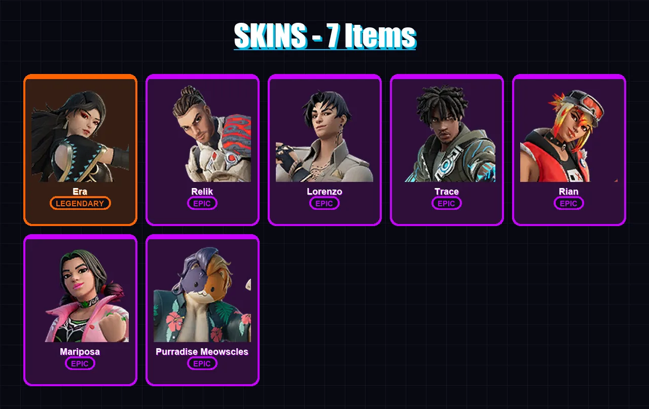 [PC/XBOX/PSN] | Era | Relik | Lorenzo | Trace | Rian | 7 skin | 8 pickaxe | 9 emote | 11 glider | Lv90