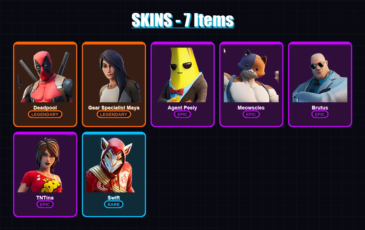 [PC/XBOX/PSN] | Deadpool | Gear Specialist Maya | Agent Peely | Meowscles | Brutus | 7 skin | 5 pickaxe | 7 emote | 9 glider | Lv90