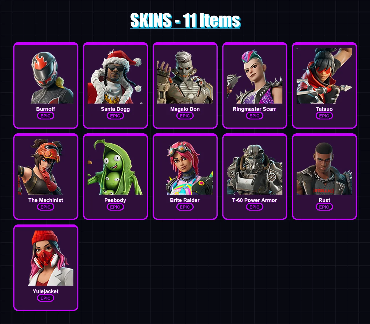 [PC/XBOX/PSN] | Burnoff | Santa Dogg | Megalo Don | Ringmaster Scarr | Tatsuo | 11 skin | 23 pickaxe | 9 emote | 20 glider | Lv214