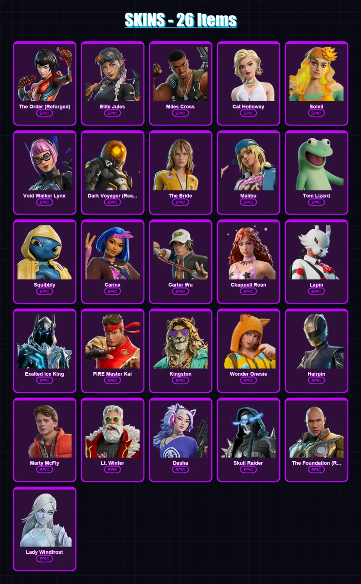 [PC/XBOX] | The Order (Reforged) | Elite Jules | Miles Cross | Cat Holloway | Soleil | 26 skin | 41 pickaxe | 22 emote | 32 glider | Lv332