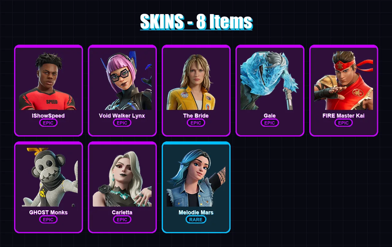 [PC/PSN] | IShowSpeed | Void Walker Lynx | The Bride | Gale | FIRE Master Kai | 8 skin | 6 pickaxe | 4 emote | 4 glider | Lv26